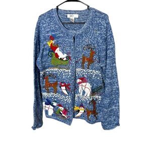 Vintage Kikit Christmas Holiday Sweater Blue Knit Beaded Embroidered Size‎ XL